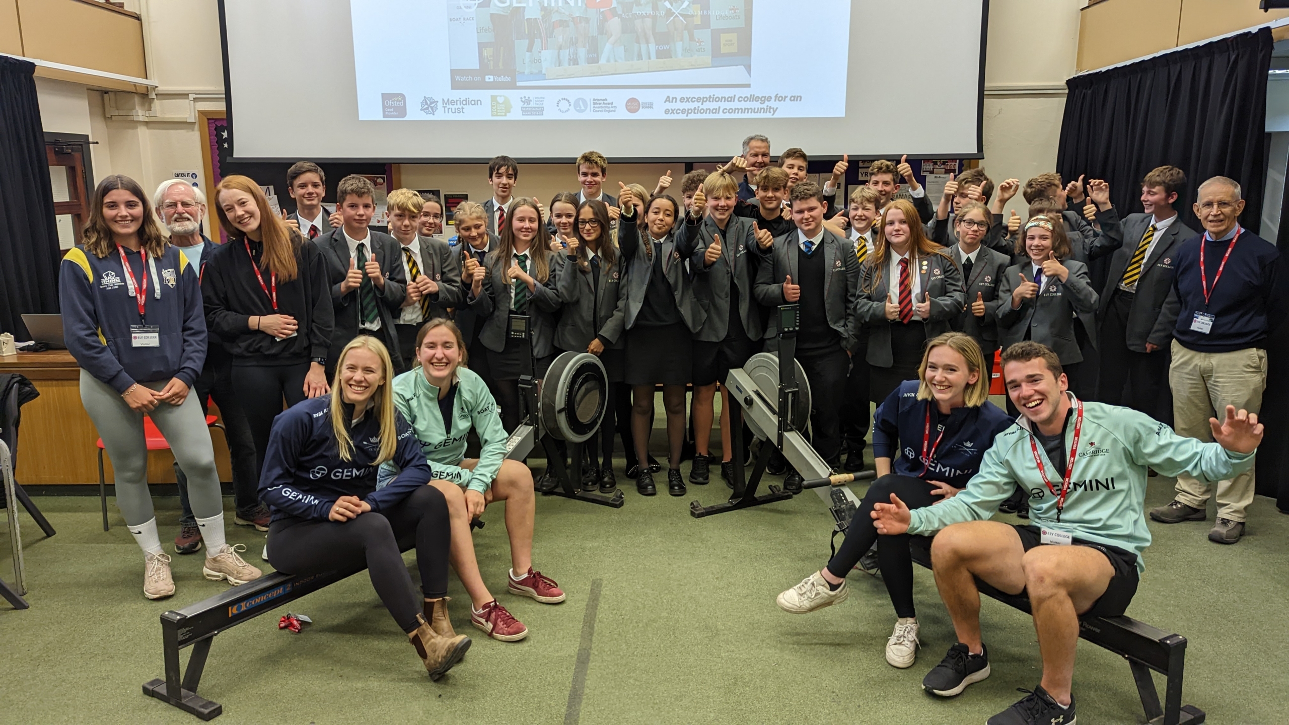 A photo of Ely College students and the boat race athletes